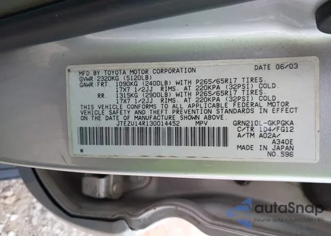 2003 Toyota 4Runner Sr5 V6 из США, поврежденный, VIN JTEZU14R130014452